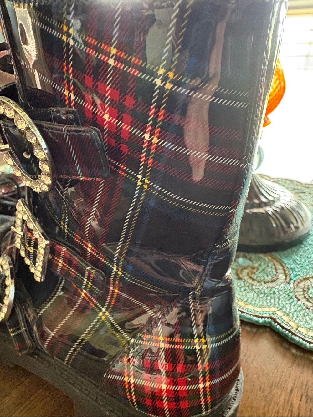 Jessica Simpson Red Plaid Combat Boots with Rhinestone Buckles - Picture 5 of 7